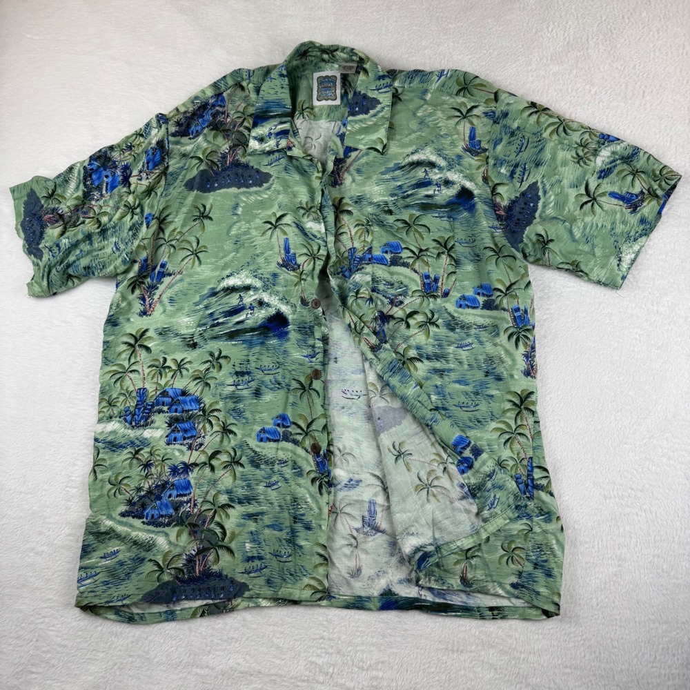 Ocean Current Button Up Hawaiian Shirt Men XL Green Rayon Tropical Aloha Vintage